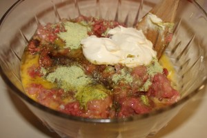 add mayo, eggs, ranch mix, etc