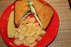 Chicken salad sandwich with beer cheese bread