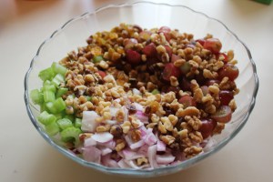 Mix chicken, celery, nuts, etc