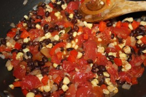 add black beans, corn, tomatoes, etc