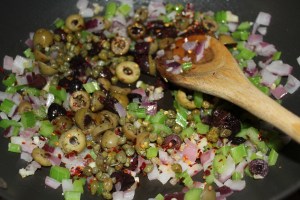 Add olives, capers, etc