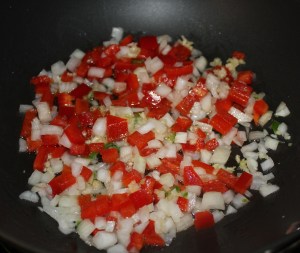 saute onions garlic, red peppers, jalapenos