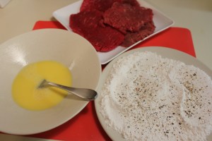egg bath, flour and steak assembly line