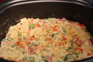 Mix in the veggies and soup, etc