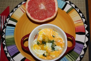 Baked egg mini-casserole with Canadian Bacon, Cheese and Spinach