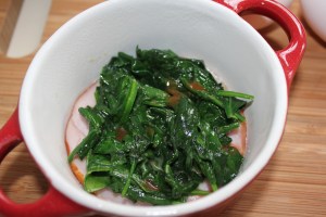 Ramekin with Canadian bacon, spinach, hot sauce