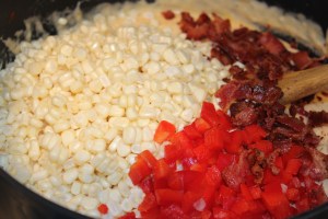 Add corn, peppers, bacon