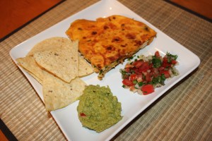 Quesadilla with guacamole, pico de gallo and chips