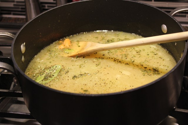 Add chicken stock, seasonings, etc. to Kel's lemony chicken soup
