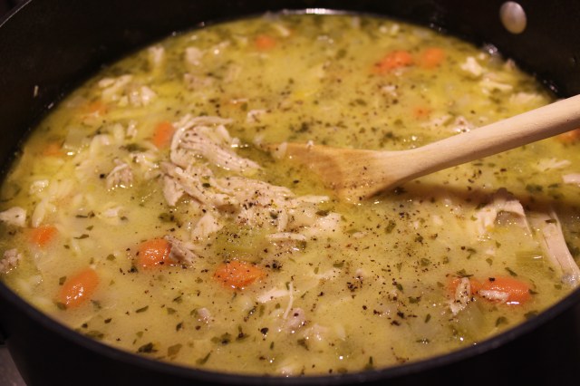 Add shredded chicken to Kel's lemony chicken soup