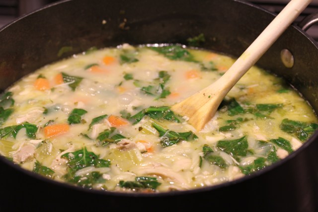 In goes the spinach to Kel's lemony chicken soup