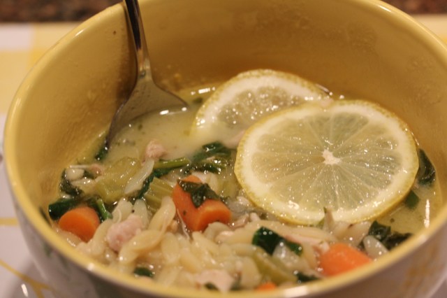 Kel's lemony chicken soup with spinach and orzo