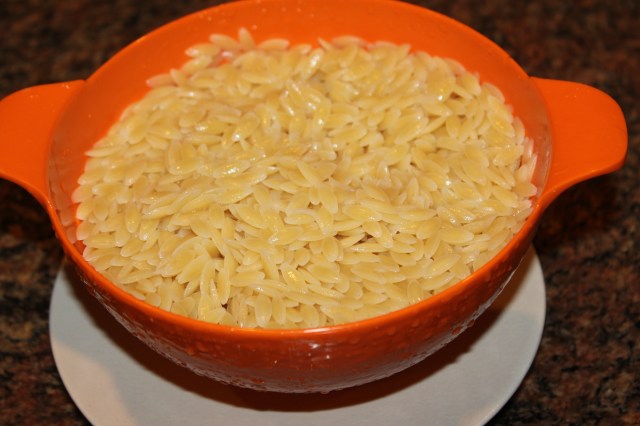 Partially cooked orzo for Kel's lemony chicken soup