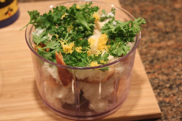 Place bread crumbs, etc. in food processor