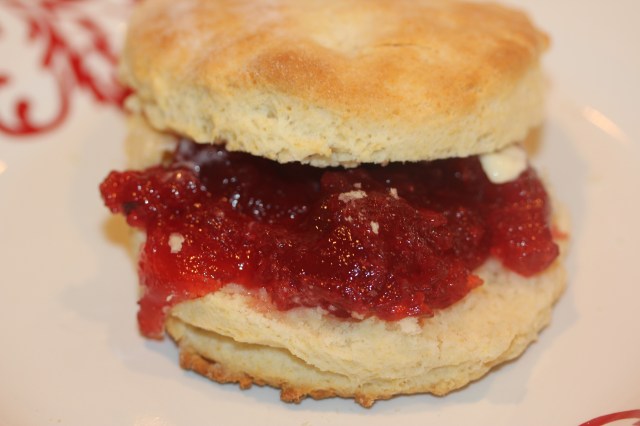 Krusteaz buttermilk biscuit with strawberry preserves