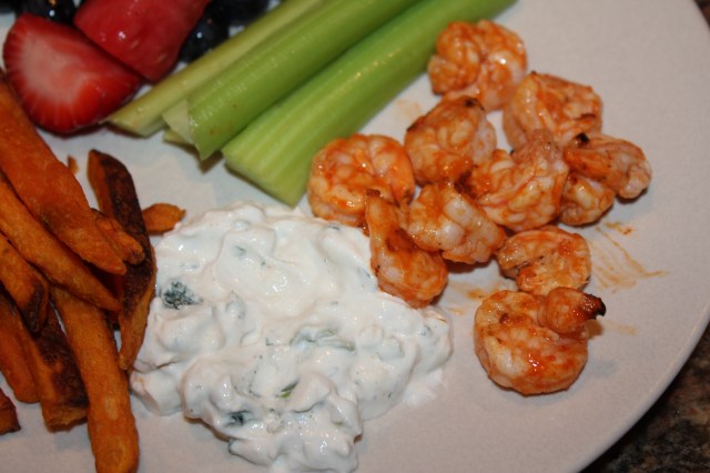 Grilled Buffalo shrimp with yummy bleu cheese dressing
