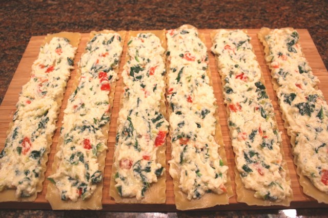 Spread cheese and veggie misture on lasagna noodles