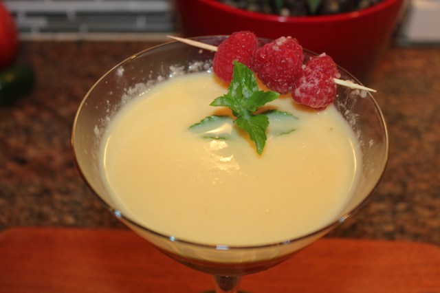 Garnish Kel's cantaloupe cocktail with raspberries