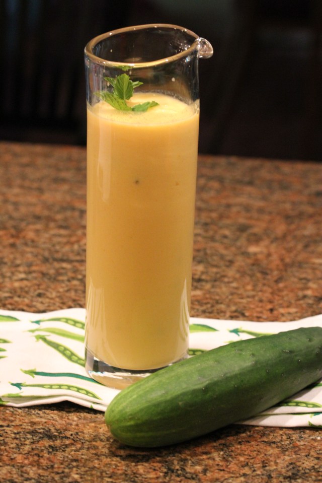 Pour Kel's cantaloupe ginger soup into carafe to chill