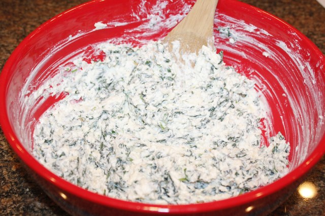 Mix together cheeses and spinach, etc.