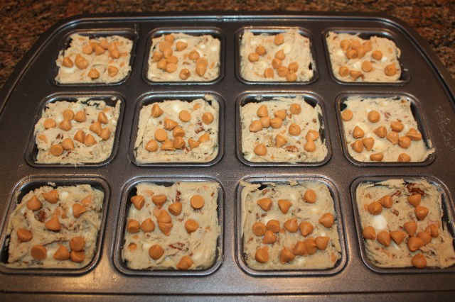 Fill brownie pan with dough and top with morsels