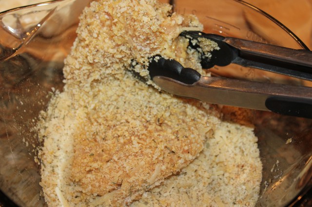 Coat chicken with bread crumbs