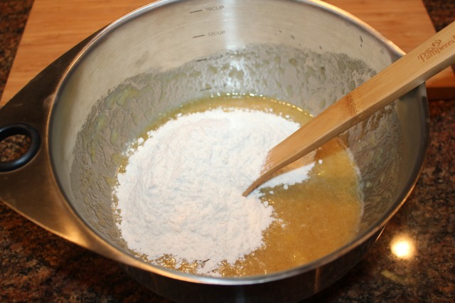 Add flour mixture to banana mixture