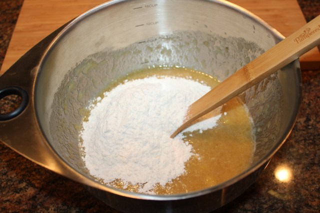 Add flour mixture to banana mixture