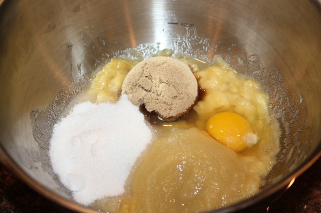 Add sugars, applesauce and egg to bananas