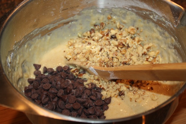 Fold in chocolate chips and nuts