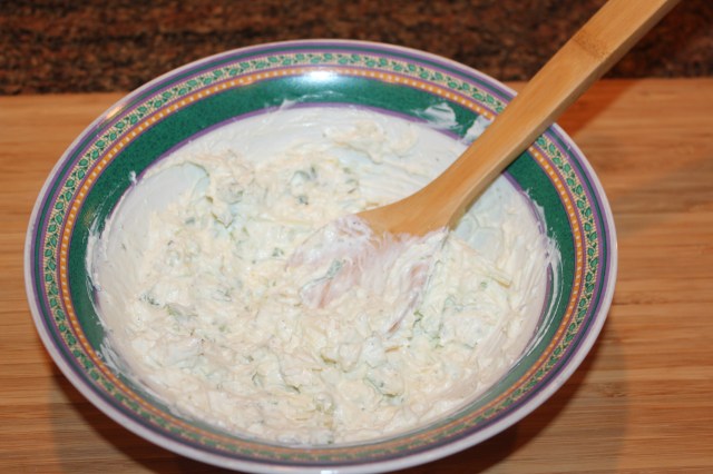 Mix Boursin cheese, sour cream, jalapenos, etc.