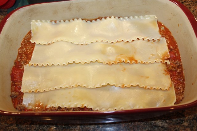 Beginning of Kel's lasagna Layer 1