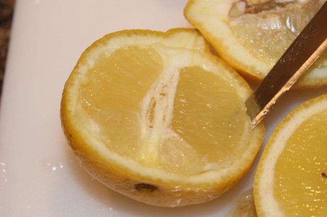 Slice around lemon rind