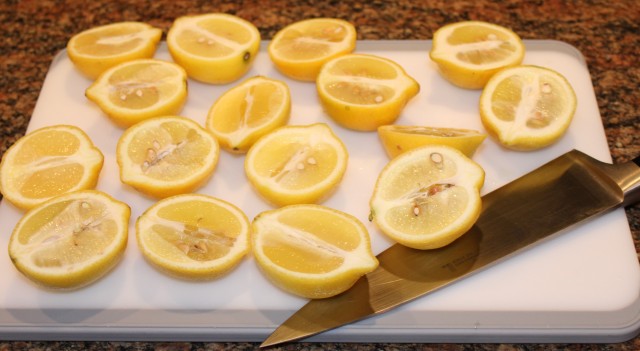 Slice lemons lengthwise