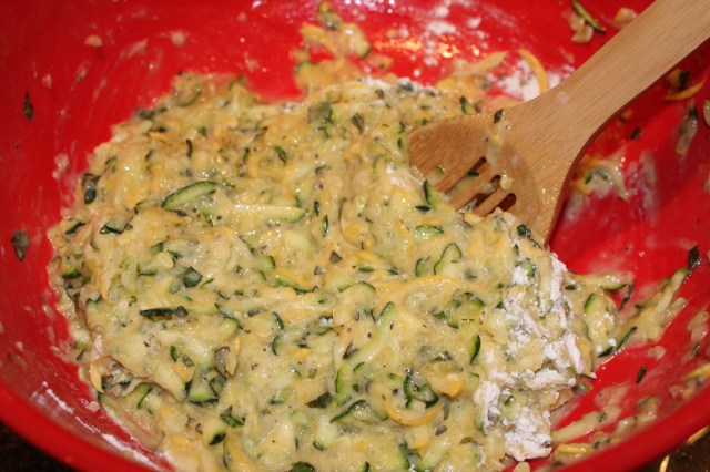 Blend in flour to zucchini batter