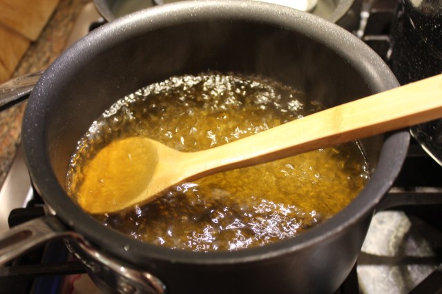 Boil water, sugar, vinegar, salt