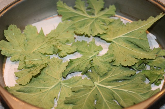 Place geranium leaves on top of parchment paper