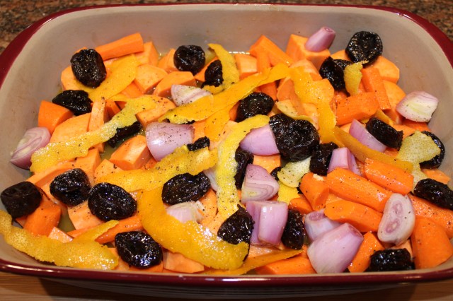 Place all tzimmes ingredients in large casserole