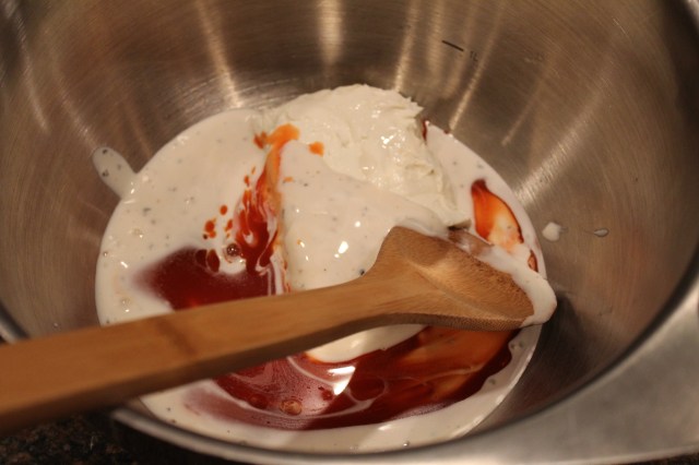 Blend cream cheese, wing sauce and ranch