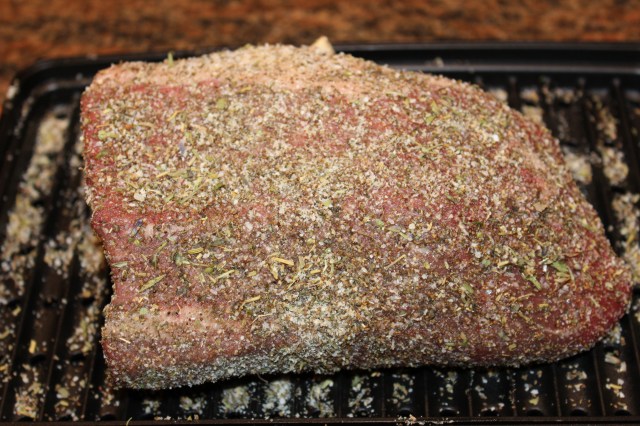 Coat roast with garlic salt, etc.