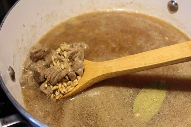 Add barley, broth, bay leaf, etc.