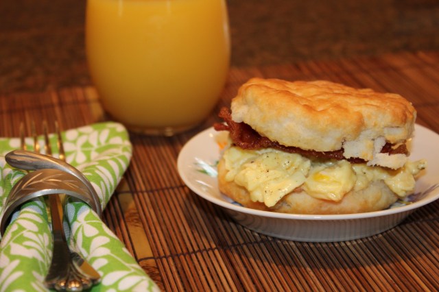 Kel's egg and bacon biscuit