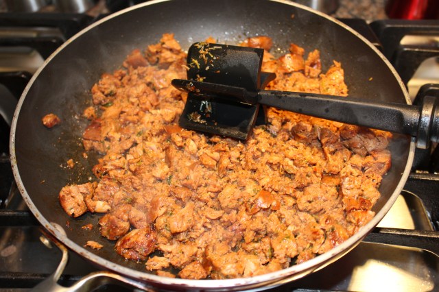 Break up chorizo while cooking