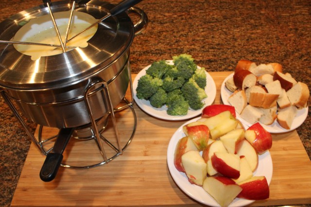 Serve My Fat Dad's Cheese fondue with veggies and bread