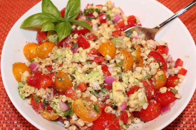 Kel's tomato and grilled corn salad ready to serve