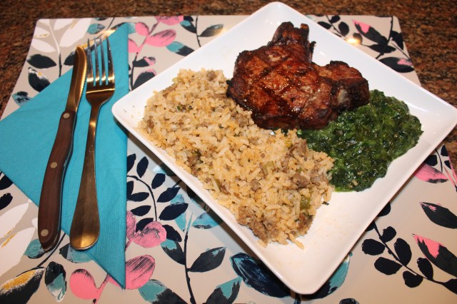 Kel's dirty rice is served with pork chops