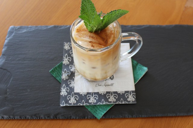 Garnish Kel's Minty Irish Iced coffee with mint and cinnamon