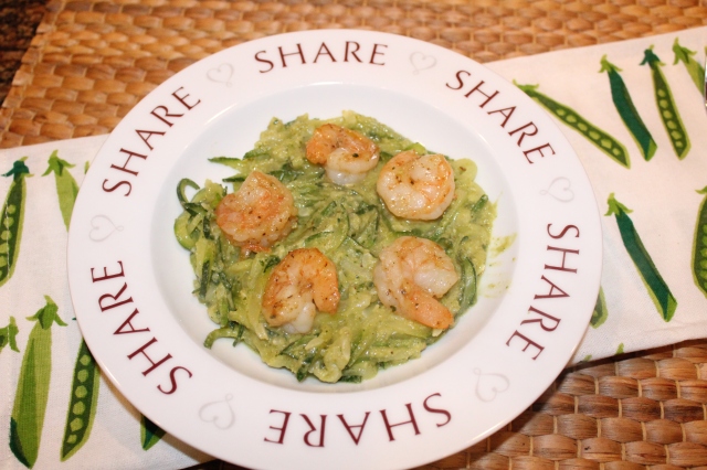 Kel's zoodles and shrimp with sweet pea pesto